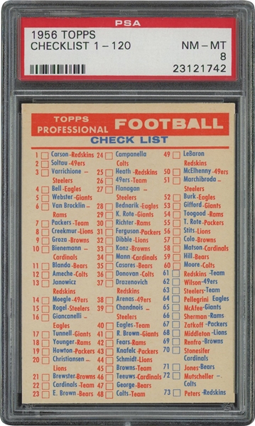1956 Topps Football Checklist (1-120) – PSA NM-MT 8