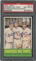 1963 Topps #412 Dodgers Big Three (Podres/Drysdale/Koufax) – PSA NM-MT 8