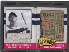 Joe DiMaggio Cut Signature Custom Card (1/1) with 1936 World Series Game 5 Ticket Stub (NYY vs. NYG) from Joes Rookie Season – PSA/DNA LOA