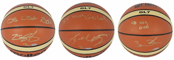 Kobe Bryant, Lebron James & Dwyane Wade (Redeem Team) Trio of Single Signed & Inscribed "08 USA GOLD" Limited Edition Official FIBA Basketballs – UDA COAs