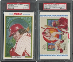 1983 Phillies Postcard Great Moments Pair of Pete Rose (PSA GEM MT 10) and Great Players & Managers Allen/Rose/Waitkus (PSA MINT 9)