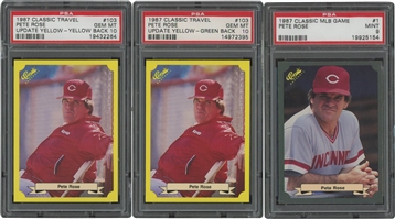 1987 Classic MLB Game & Travel Update Trio of Pete Rose Cards (Green & Yellow) – Two PSA Gem Mint 10, One PSA Mint 9