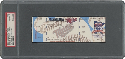 4/15/2000 Cal Ripken Jr. (Orioles at Twins) 3,000 Hit Game Full Ticket – PSA GEM MT 10