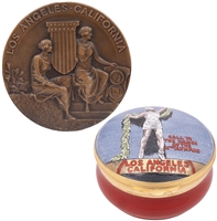 1932 Los Angeles Summer Olympics Bronze Participation Medal and Lovely Enameled Pill Box (Rare Pairing)
