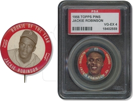 1956 Topps Pins Jackie Robinson (PSA VG-EX 4) and Jackie Robinson 1947 Rookie of the Year Pin