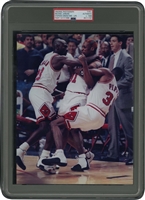 12/17/1996 Michael Jordan & Scottie Pippen Original Photograph Holding Back Dennis Rodman vs. L.A Lakers (First MJ vs. Kobe Matchup!) – PSA/DNA Type 1